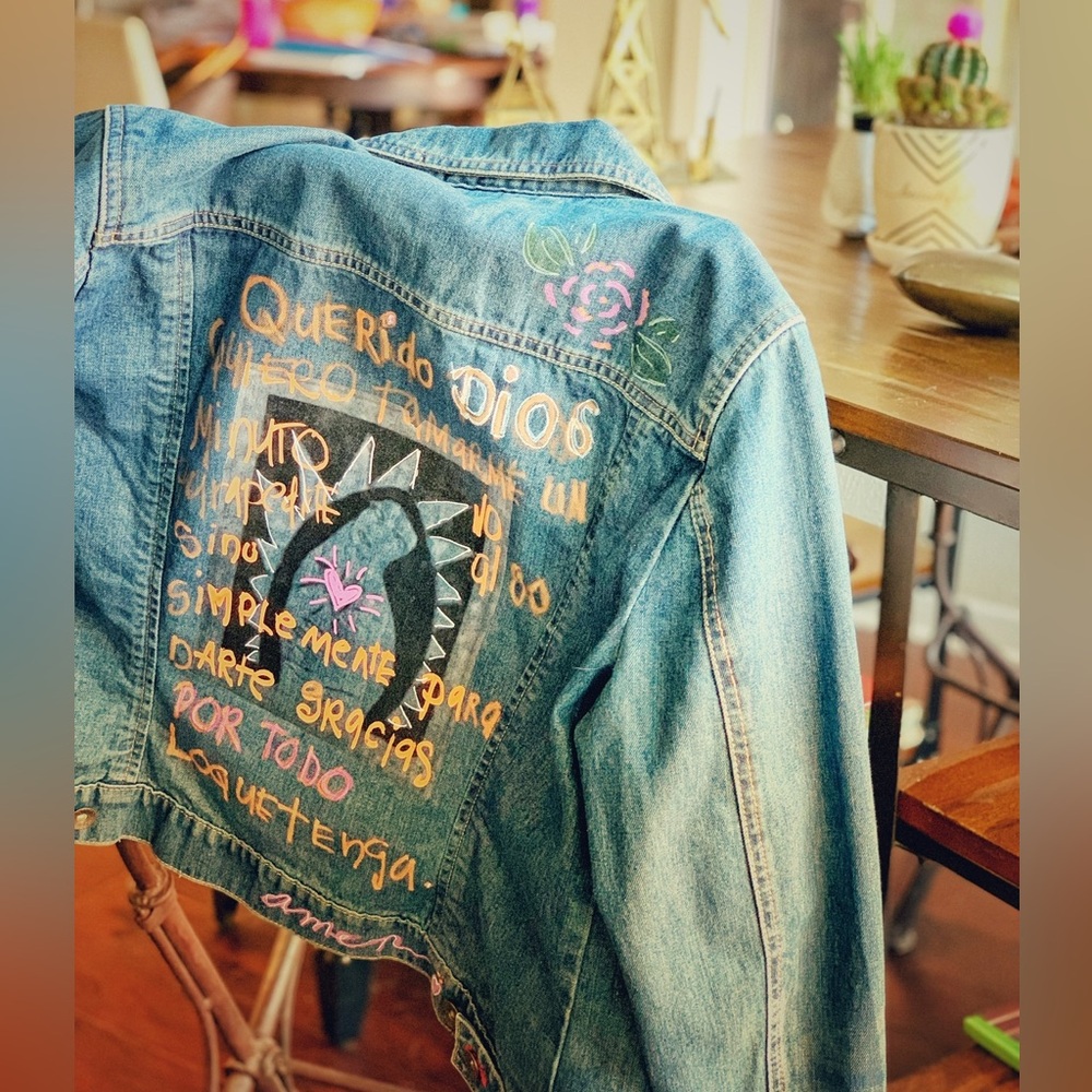 NWT Handmade Trucker Jean Jacket Virgin Mary Madonna One of a Kind St. Lucy Sz L